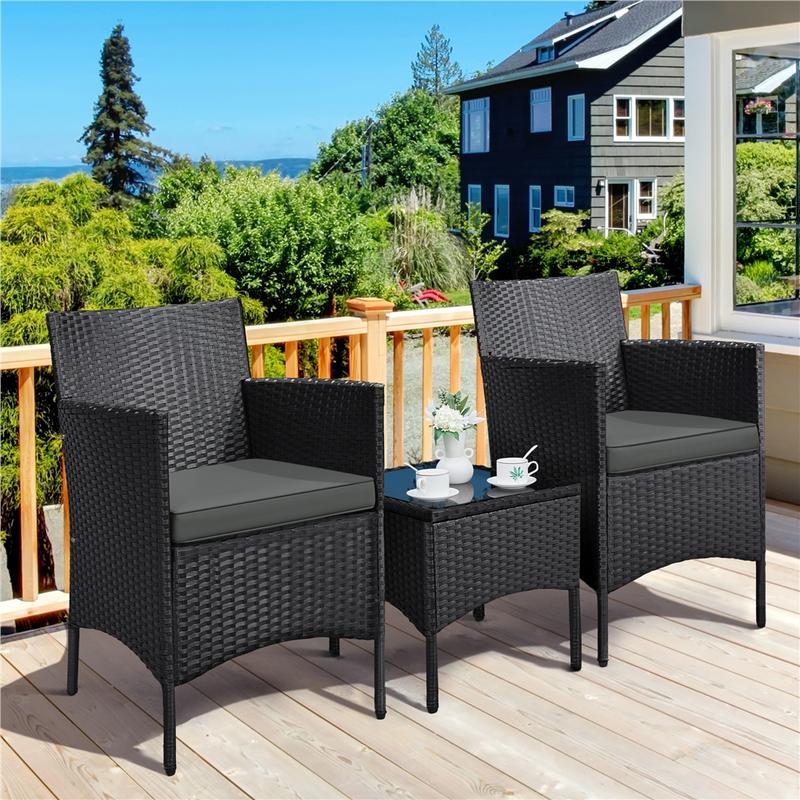 Conjunto de muebles de patio Yaheetech de 3 piezas, conjunto de muebles de ratán para exteriores, 2 sillas con cojines y 1 mesa auxiliar para bistró/porche/jardín/terraza/patio, decoración del hogar, artículos esenciales para acampar.