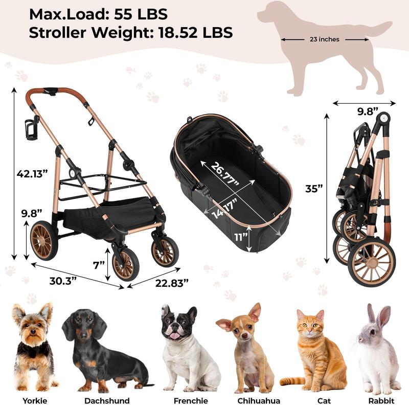 Cochecito para mascotas TLGREEN para perros y gatos medianos de hasta 25 kg, cochecito todoterreno 3 en 1 con transportín desmontable, ruedas de goma, plegado con un solo clic, cesta de almacenamiento y portavasos, cochecito de viaje para exteriores para