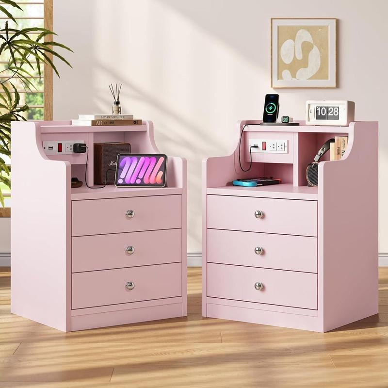 Mesita de noche Sikaic con estación de carga, mesita de noche rosa con estantería, mesita de noche con cajones, mesita de noche con almacenamiento, muebles para el hogar, artículos esenciales para dormitorios universitarios.