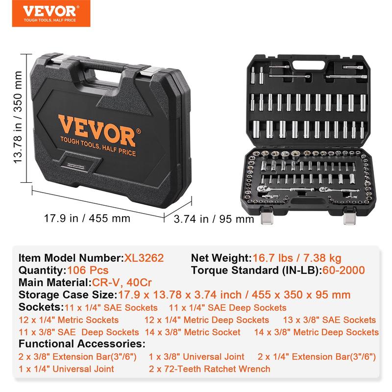 Kit de herramientas mecánicas, juego de herramientas automotrices con vasos SAE y métricos de 1/4", 3/8" y 1/2", 145/205/450 piezas, estuche de almacenamiento y accesorios, línea Summervibes