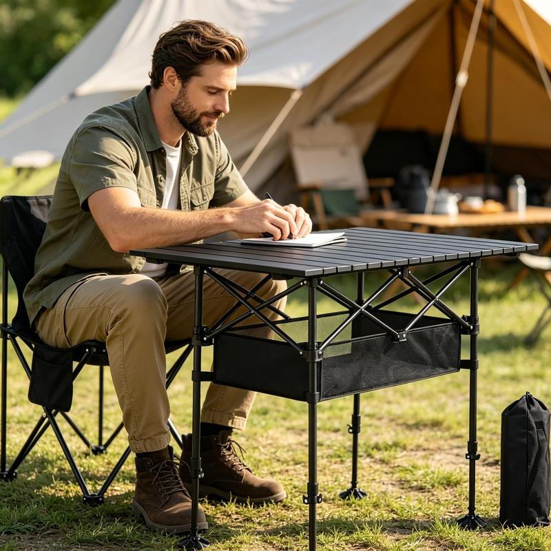 Mesa de picnic plegable portátil AORAN para exteriores, con estructura de acero resistente, mesa plegable ultraligera y compacta con gran cesta de almacenamiento de malla, diseño desmontable para playa, camping, viajes, barbacoas en el jardín y picnics.