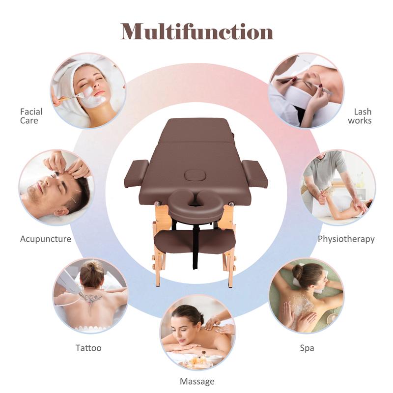 Mesa de masaje portátil ancha, sillón reclinable plegable de 213 cm (84 pulgadas), camilla de spa ajustable en 9 alturas con estuche de transporte, reposacabezas, color marrón (muebles para camping y senderismo).