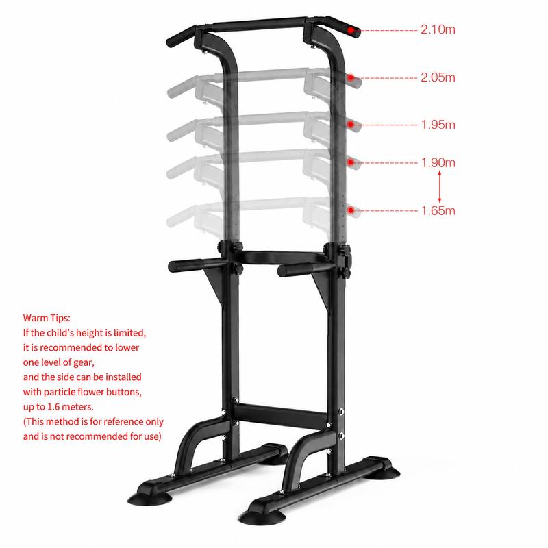 Torre de dominadas multifuncional, estación de fondos de acero resistente para entrenamiento en gimnasio en casa, altura ajustable, capacidad de peso de 150 kg (330 lbs), equipo de gimnasio en casa, acero inoxidable, 129*51*12 cm, ajustable.