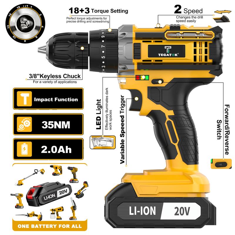 Juego de 136 piezas de taladro de impacto inalámbrico con batería recargable de 20 V, kit de herramientas compacto todo en uno, regalo perfecto, ideal para reparaciones del hogar y proyectos de bricolaje.
