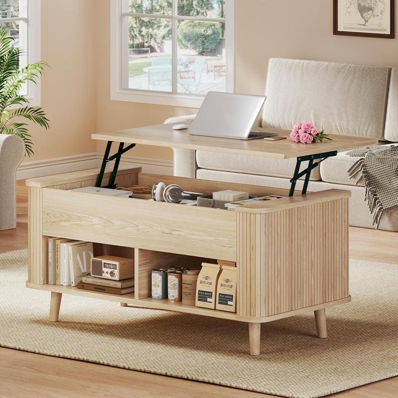 Mesa de centro elevable con almacenamiento, mesa de centro moderna de mediados de siglo de 104 cm con diseño de perfil estriado y curvo, compartimento de almacenamiento oculto, mesa de centro con estante inferior para sala de estar u oficina, roble.