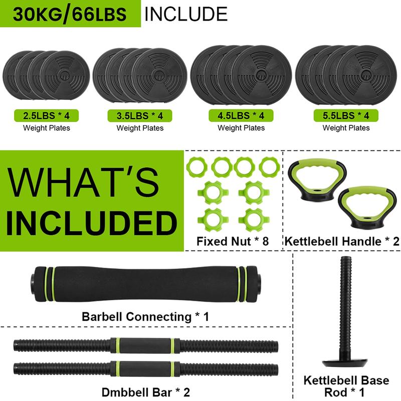 Juego de 2 mancuernas ajustables (40/30 kg) - Pesas 4 en 1 que se convierten en barra, pesa rusa y soporte para flexiones - Equipo ergonómico para gimnasio en casa con asas antideslizantes para abdominales para hombres y mujeres. Entrenamiento de cuerpo c