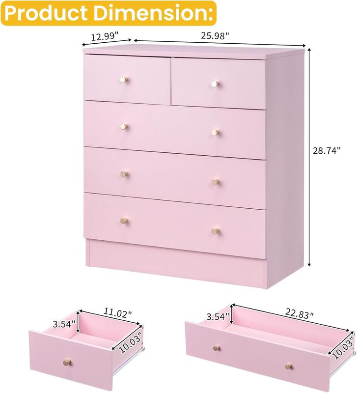 Cómoda rosa de 5 cajones para dormitorio, cómoda moderna de madera, cómodas rosas para dormitorio de niñas, dispositivo antivuelco, tirador de metal oro rosa, sala de estar, recibidor, pasillo, oficina