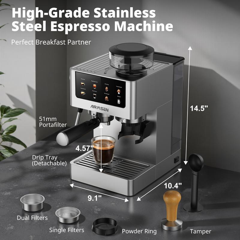 Cafetera espresso AIRMSEN con molinillo de muelas, 20 bares, acero inoxidable para uso doméstico, cafetera profesional con depósito de agua extraíble y espumador de leche BCM2316