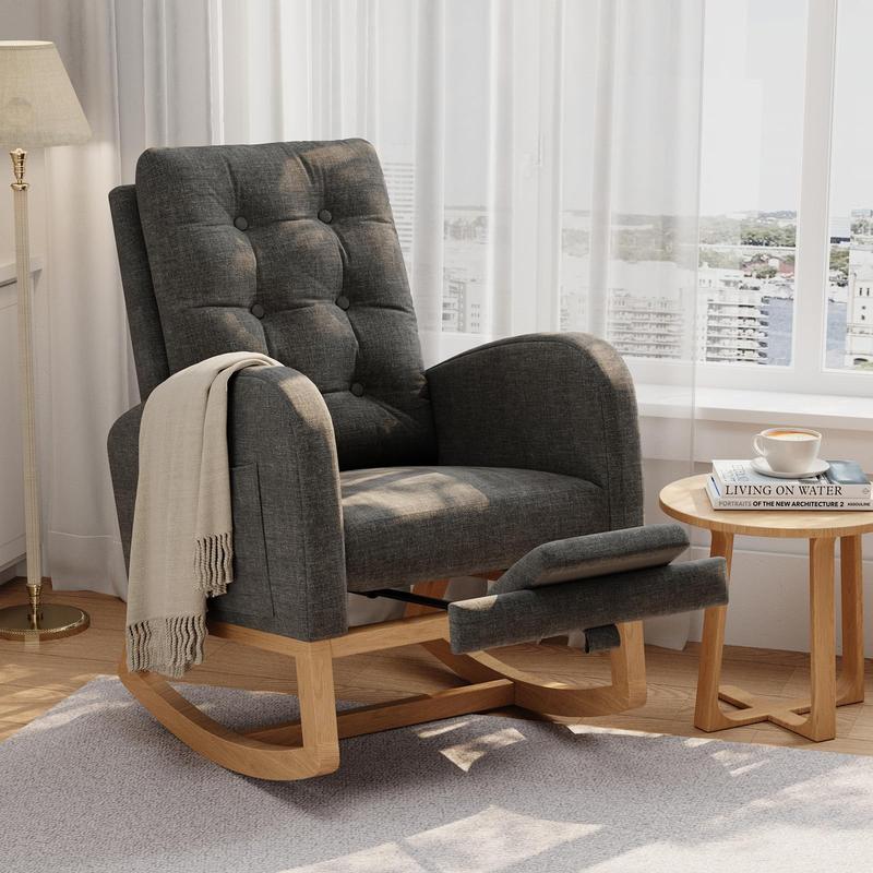 Mecedora reclinable moderna para guardería con carga USB, sillón mecedora tapizado de estilo mediados de siglo con respaldo alto, bolsillo lateral y patas de madera resistentes para cuarto de lactancia, dormitorio o sala de estar.
