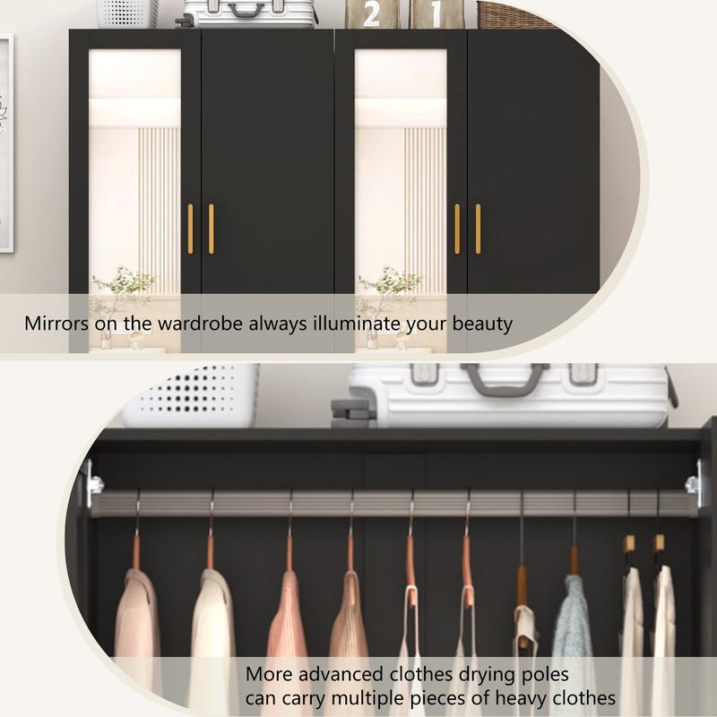 Armario moderno de 2/3 puertas con espejo, 2 cajones y luces LED RGB, armario con barra para colgar ropa para almacenamiento en el dormitorio, artículos esenciales para dormitorios, decoración del hogar