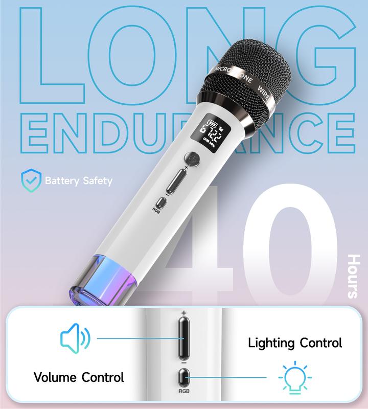 Micrófonos inalámbricos #SummerVibe, micrófono con conexión de chip uno a uno y luces LED, 40 horas de duración, alcance de recepción de 200 pies, micrófono de karaoke con control de volumen para cantar, hablar, fiestas en casa,