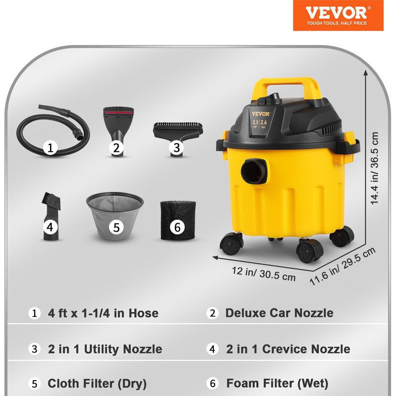 Aspiradora VEVOR para sólidos y líquidos, capacidad máxima de 8 galones, 6 HP de potencia máxima, 3 en 1, con función de soplado, portátil con accesorios para limpiar pisos, tapicería y espacios. Certificación ETL. Aspiradora de alta potencia con potente