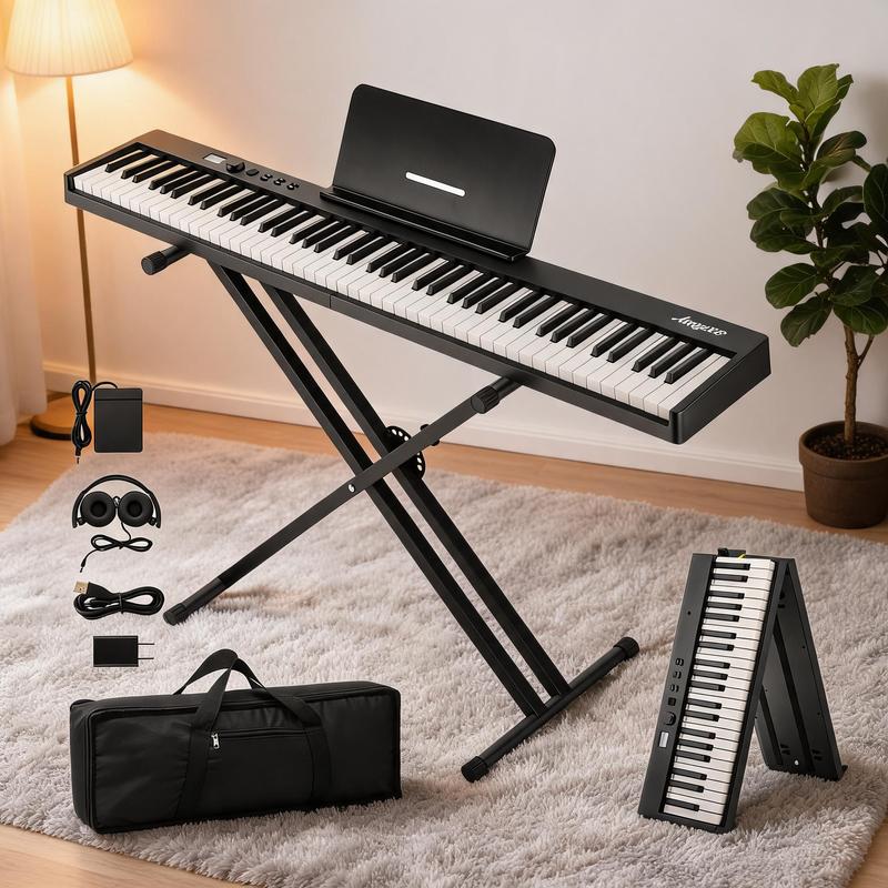 Teclado de piano plegable GARVEE de 88 teclas, piano eléctrico digital portátil de tamaño completo con teclas semipesadas, Bluetooth, auriculares, pedal de sustain y funda.