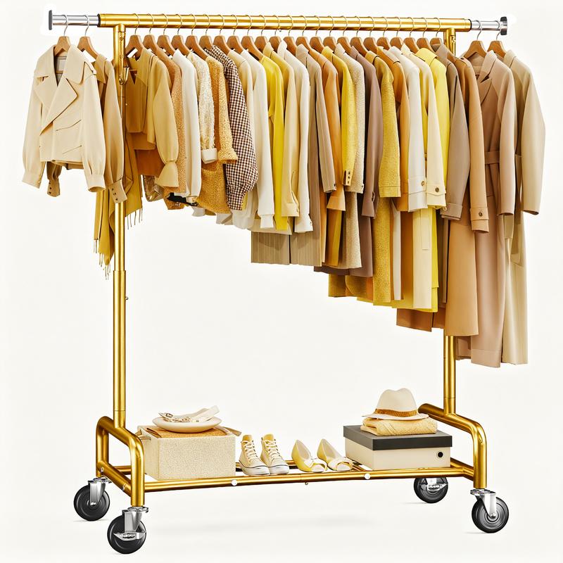 Perchero Raybee de alta resistencia con capacidad de carga de 450 libras, perchero para colgar ropa, perchero rodante con ruedas y estante, perchero portátil y ajustable, cromado, dorado.