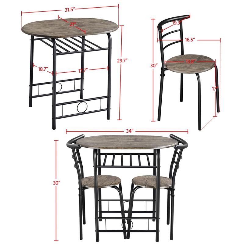 Juego de mesa de comedor de 3 piezas, mesa de cocina y sillas para 2 personas con patas de acero y estante de almacenamiento para cocina, apartamento o espacio pequeño.