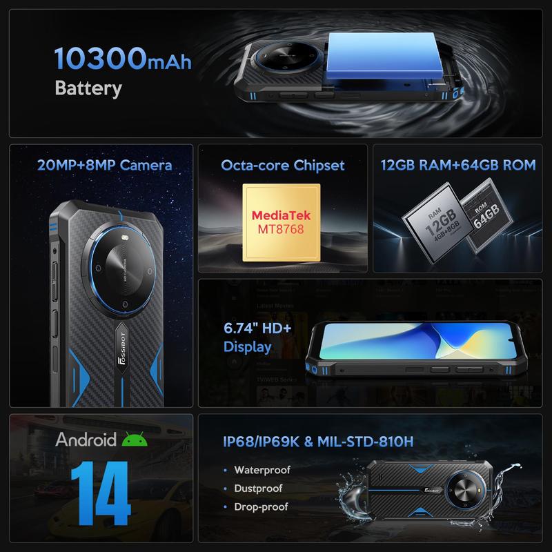 Teléfono resistente FOSSIBOT F105 Desbloqueado Batería de 10300 mAh Pantalla HD+ de 6,74" 12 GB de RAM (4+8)/64 GB de ROM Cámara de 20 MP 4G Dual SIM Android 14 Resistente al agua IP68/IP69K Outdoorfun (NO compatible con AT&T, Cricket y Verizon)
