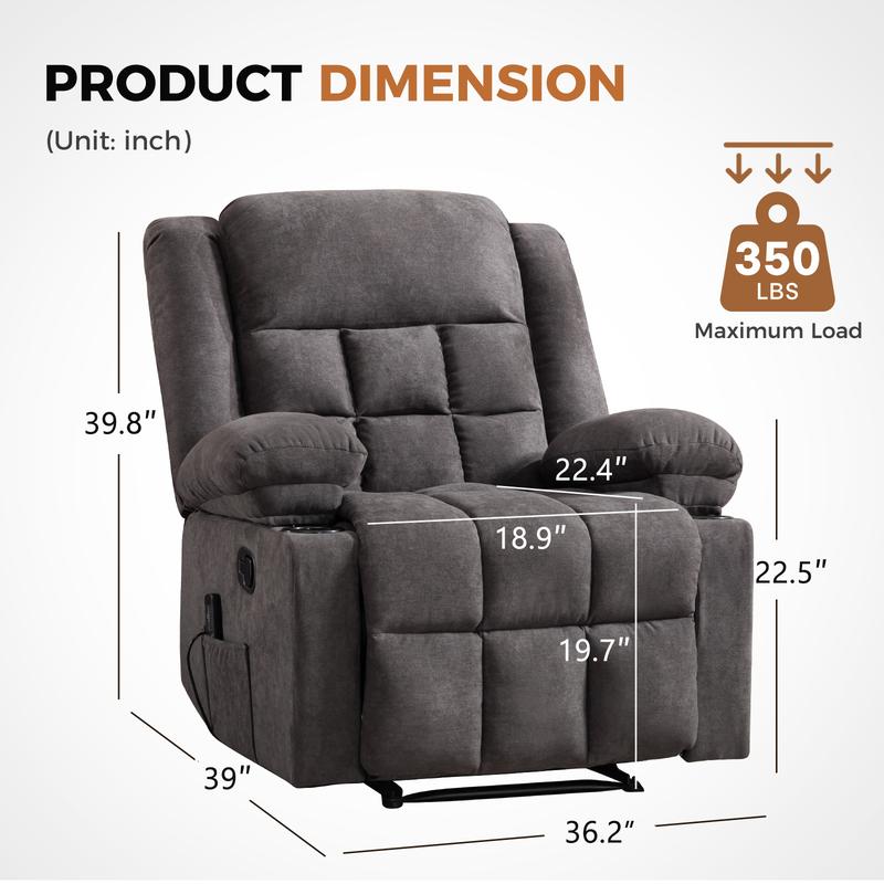 Sillón reclinable manual EBELLO con masaje y calor, sillón reclinable de tela con portavasos y bolsillos de almacenamiento, cómodo y transpirable para la sala de estar.