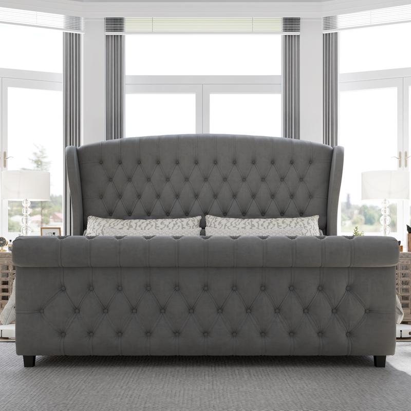 Estructura de cama tipo plataforma AMERLIFE, cama trineo tapizada en terciopelo con cabecero y piecero con alas curvas / No requiere somier / Regalo de Navidad / Las mejores ideas para regalos