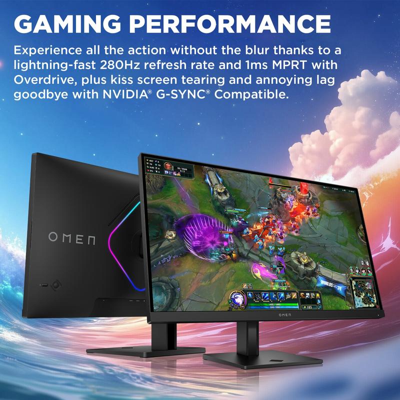 Monitor de escritorio OMEN 27qs G2 de 27 pulgadas, QHD, 280 Hz, plano y listo para juegos. Monitor de alto rendimiento de 26 a 28 pulgadas con diseño refinado, base, organizador de cables y puerto DP para actualización de juegos.