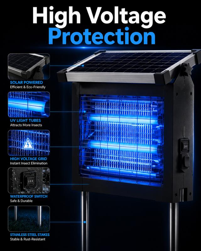 Exterminador de insectos solar para exteriores, exterminador de mosquitos con red eléctrica de 4500 V y luz UV, trampa recargable para moscas, control de insectos impermeable para patio, jardín, césped y patio trasero.