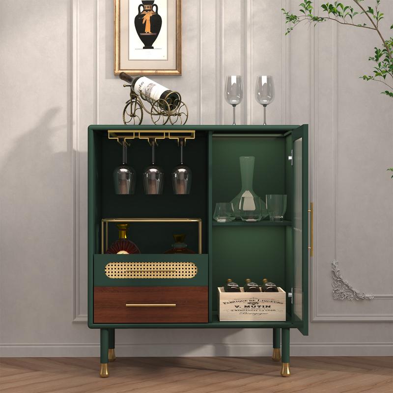 Mueble bar HLR verde esmeralda con detalles dorados, detalles de ratán, almacenamiento de doble zona de 94 cm y cajón extraíble: muebles de estilo clásico para apartamentos, muebles para estudios, ideal para quienes disfrutan del entretenimiento en casa,