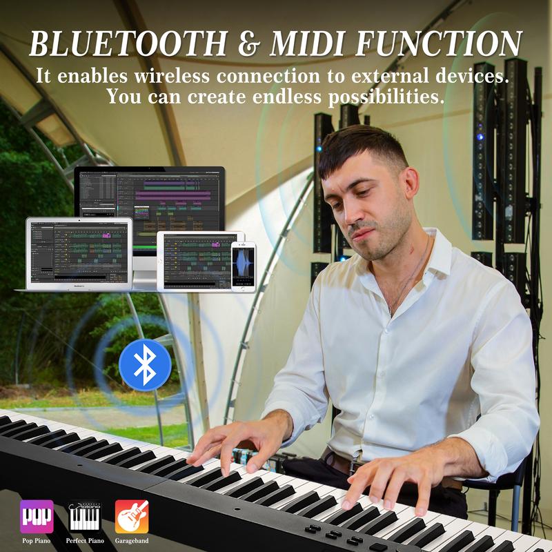 Teclado de piano plegable GARVEE de 88 teclas, piano eléctrico digital portátil de tamaño completo con teclas semipesadas, Bluetooth, auriculares, pedal de sustain y funda.