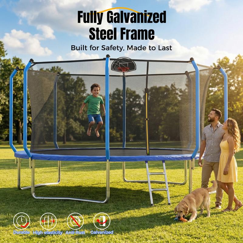 Cama elástica azul de 8/10/12/14 pies para parque infantil, tamaño estándar, con escalera y aro de baloncesto. Cama elástica resistente para exteriores, reforzada y de mayor grosor. Marca: summerwins.