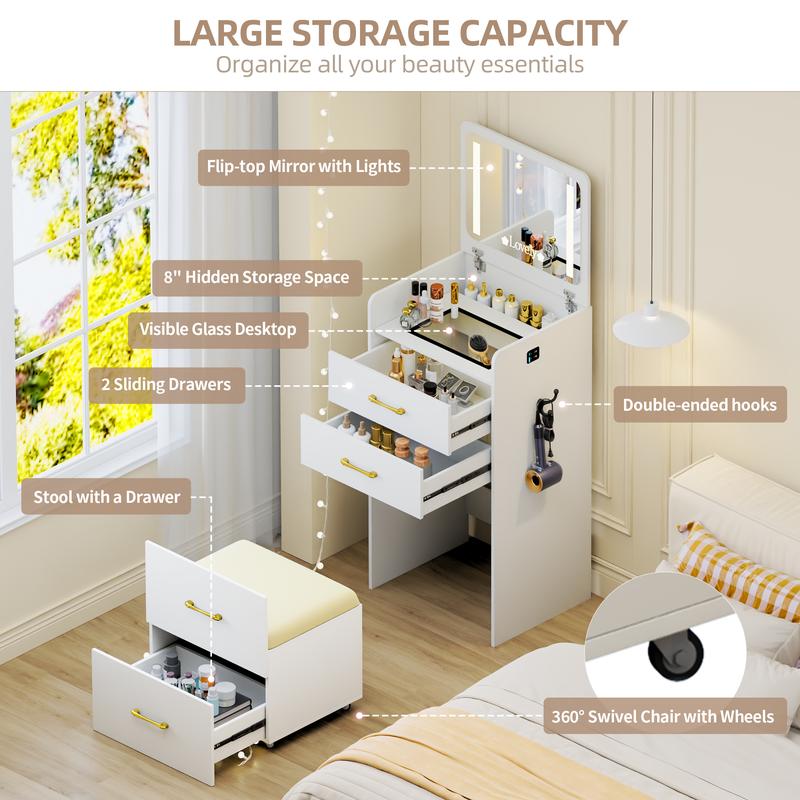Tocador compacto 3 en 1 Vlsrka: tocador con espejo, lámpara integrada, cajones de almacenamiento y taburete, tocador con espejo para dormitorio, tocadores de maquillaje inteligentes y automáticos para residencias estudiantiles, tocadores con lámpara integ