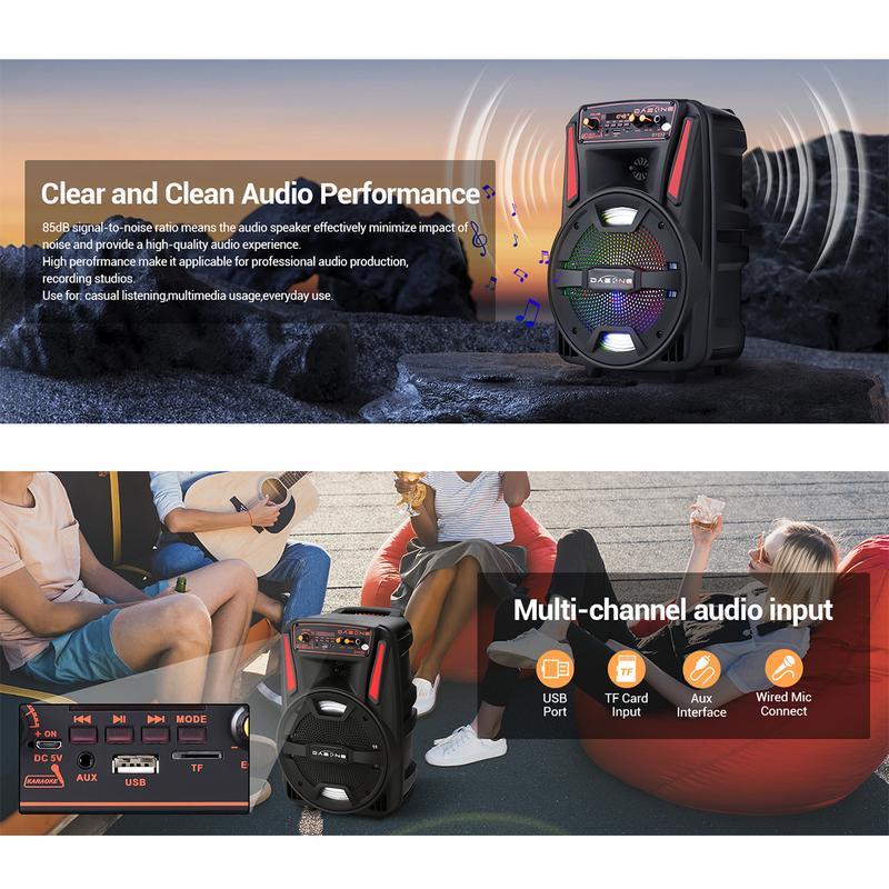 Altavoz portátil Bluetooth PA con subwoofer de 8", altavoz inalámbrico recargable con micrófono, radio FM y LED.