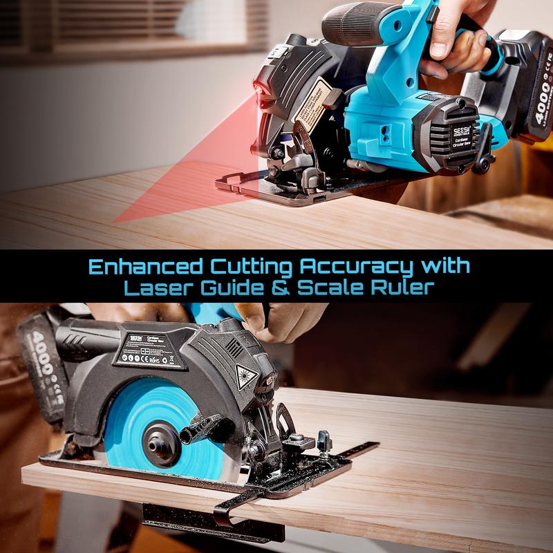 Sierra circular inalámbrica de 21 V MAX (6-1/2”) con guía láser, recargable (2 baterías de 4 Ah y mango auxiliar), profundidad de corte de 2-1/4”, 5200 RPM, capacidad de biselado de 0-45°, sierra circular portátil con profundidad ajustable para trabajos a