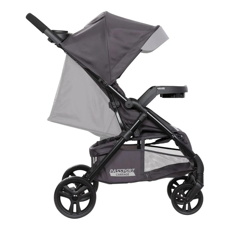 Cochecito con cabina Comfort Cabin, capota con cremallera completa para protección solar y cesta de almacenamiento grande.
