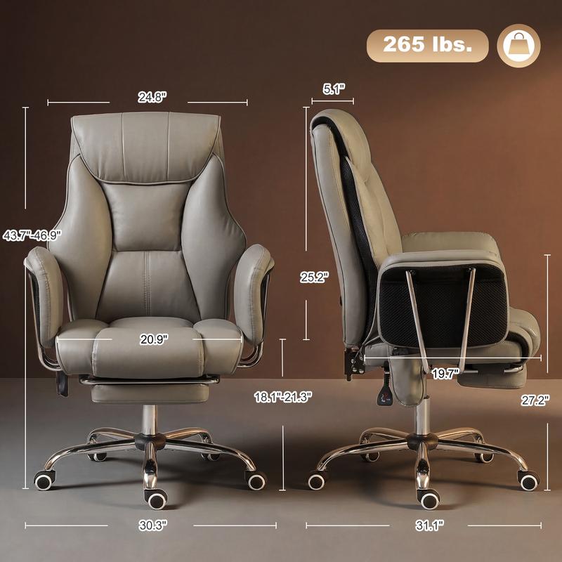 Sillón de oficina con masaje y vibración de 6 puntos, sillón reclinable acolchado con respaldo alto, tapizado en cuero sintético, reposapiés, cojín de muelles grueso, soporte lumbar, altura ajustable y ruedas giratorias.
