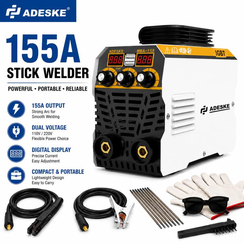 Soldadora de arco portátil ADESKE Mini 155A - Soldadora portátil, doble voltaje 110V/220V, pantalla digital, kit completo de soldadura con varillas de soldadura para proyectos de bricolaje en metal, reparaciones domésticas, actualización de herramientas