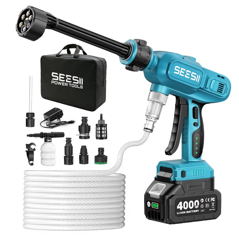 Hidrolavadora inalámbrica de alta presión SEESII, limpiadora de 1500 PSI con 1 batería de 4000 mAh, boquilla 6 en 1 y cañón de espuma para limpieza de automóviles, hogar y jardín. Ofertas para ti.