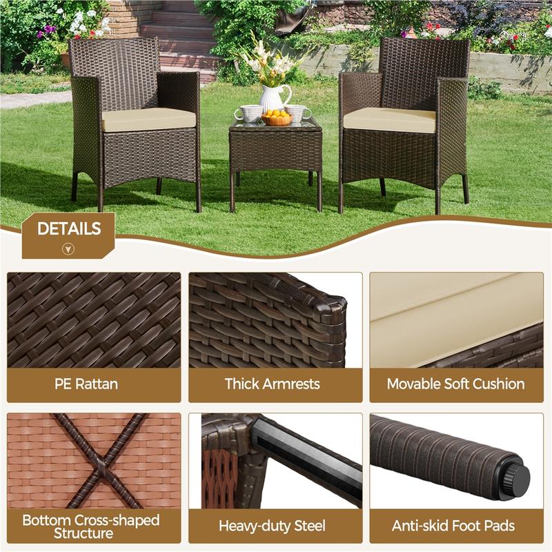 Conjunto de muebles de patio Yaheetech de 3 piezas, conjunto de muebles de ratán para exteriores, 2 sillas con cojines y 1 mesa auxiliar para bistró/porche/jardín/terraza/patio, decoración del hogar, artículos esenciales para acampar.