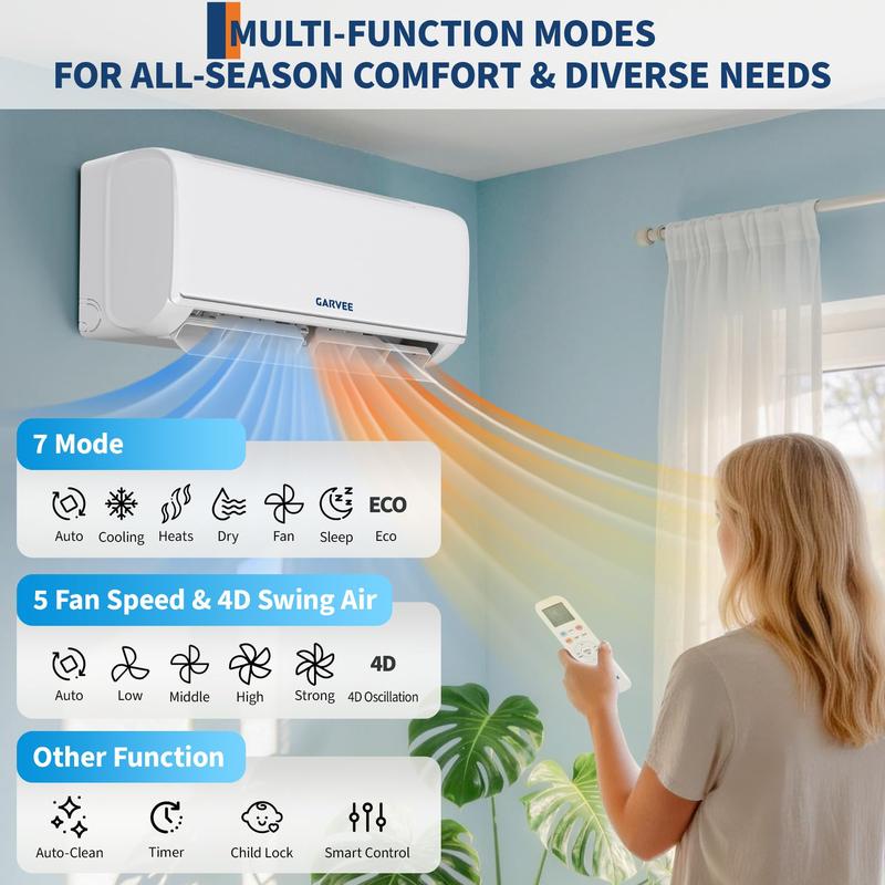 Sistema de aire acondicionado y calefacción central mini split Garvee de alta eficiencia de 18000 BTU - 19 SEER2 - 230 V - Compatible con WiFi y Alexa - Sistema de refrigeración y calefacción - Bomba de calor