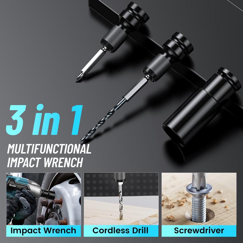 Llave de impacto inalámbrica 3 en 1 de 1/2'', 3300 RPM, destornillador de impacto sin escobillas con 2 baterías de 4.0 Ah, 6 vasos, brocas, 6 tornillos, herramienta eléctrica de alta resistencia.