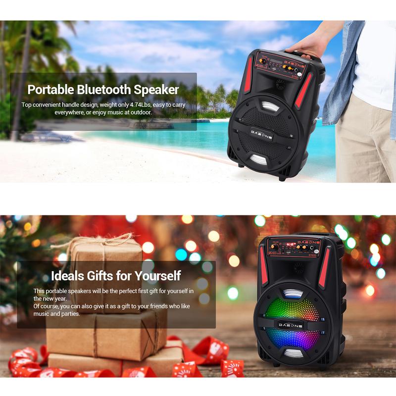 Altavoz portátil Bluetooth PA con subwoofer de 8", altavoz inalámbrico recargable con micrófono, radio FM y LED.