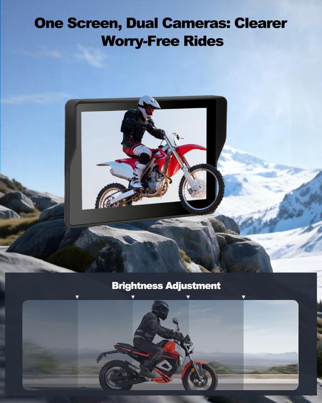Pantalla para cámara de salpicadero de motocicleta con CarPlay, 5 pulgadas, legible a la luz del sol, resistente al agua y portátil, CarPlay inalámbrico y Android Auto, montaje rápido en el manillar, pantalla táctil con cámaras duales delantera y trasera