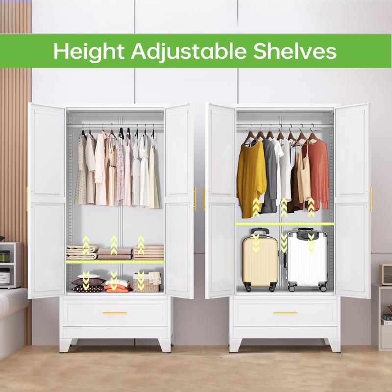 Armario metálico de 180 cm (71"), blanco, para dormitorio, con espejo, 1 cajón, estantes ajustables y barra para colgar ropa. Armario de acero independiente con espejo, ideal para dormitorio y habitación de invitados.