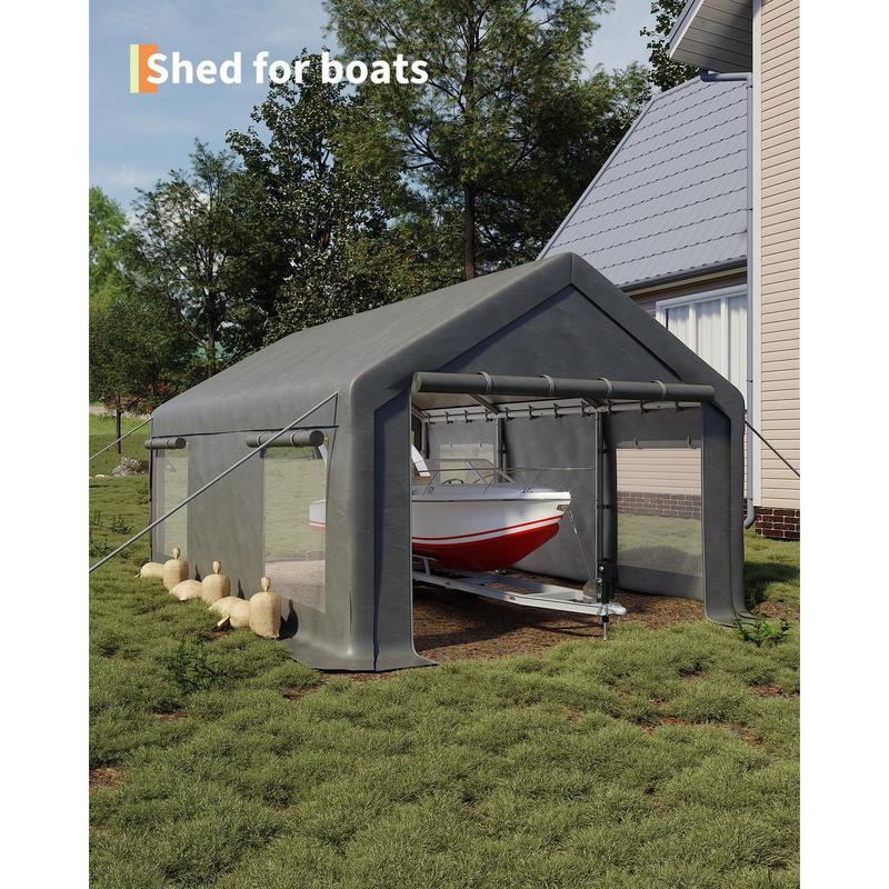Cochera/garaje portátil resistente de 3,6 x 6 m, toldo de lona de PE de 200 g con 2 puertas enrollables y 4 ventanas, refugio de almacenamiento exterior para camionetas, SUV, barcos y eventos, disponible en caqui, gris y blanco.