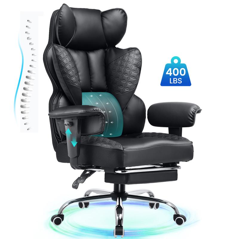 【Ofertas imperdibles】Silla de oficina grande y alta COMHOMA, soporta hasta 181 kg (400 lbs), silla ergonómica para juegos con cuero de lujo con relieve, reposapiés, reclinación de 150°, reposabrazos ajustables y respaldo con resortes ensacados.