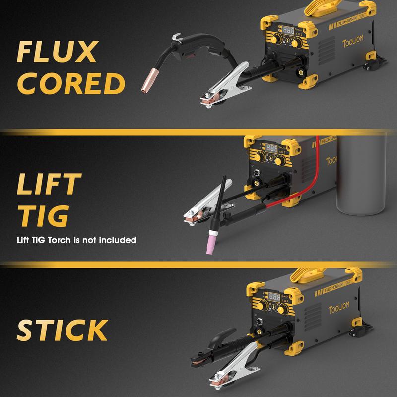 Soldadora MIG sin gas TOOLIOM FLUX-135-MINI de 110 V - Máquina de soldadura 3 en 1 de 135 A con núcleo fundente/TIG/electrodo revestido para principiantes, soldadora portátil con alimentador de alambre inverter, incluye guantes y alambre E71T-GS.