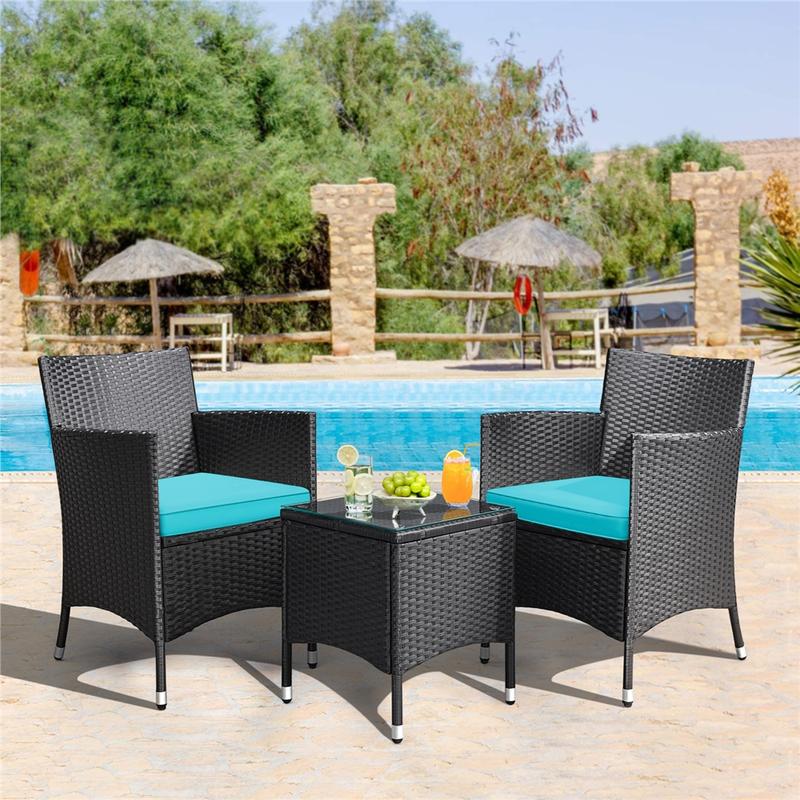 Conjunto de muebles de patio Yaheetech de 3 piezas, conjunto de muebles de ratán para exteriores, 2 sillas con cojines y 1 mesa auxiliar para bistró/porche/jardín/terraza/patio, decoración del hogar, artículos esenciales para acampar.