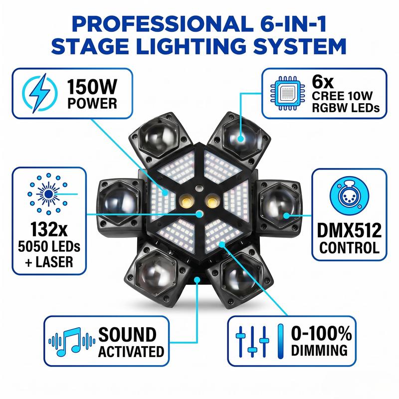 Luces de fiesta para DJ de 150 W con 6 brazos, luz de escenario RGBW de 150 W con láser rojo y verde, luces de discoteca sincronizadas con música y activadas por sonido, luz estroboscópica DMX512 para bodas, clubes y fiestas en casa.