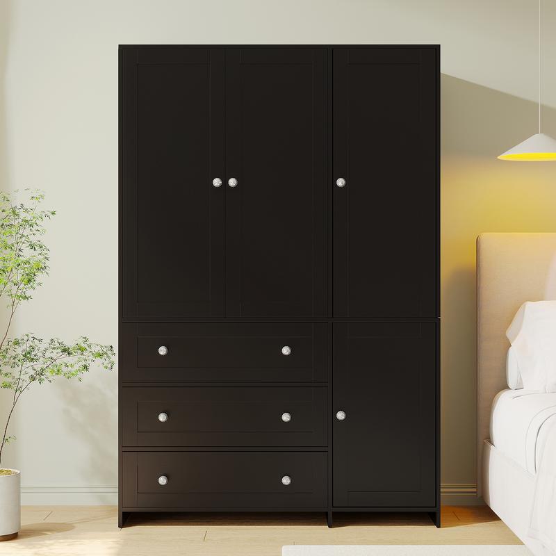 【Entrega en 2 paquetes】VOWNER Armario de madera, mueble de almacenamiento con 3 puertas y barra para colgar ropa, ideal para dormitorio. Armario alto independiente de gran capacidad con estantes.