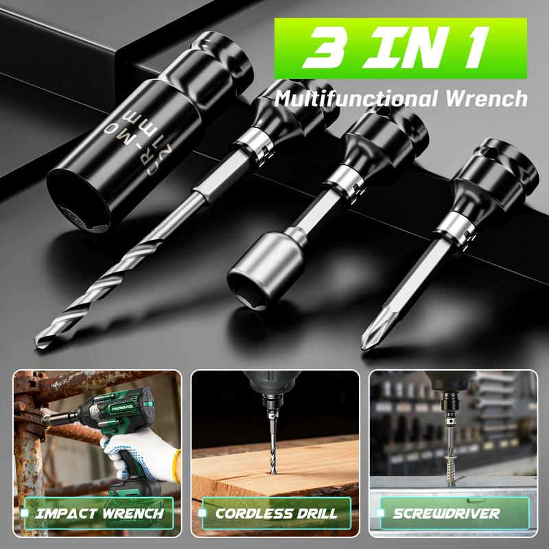 Llave de impacto inalámbrica PAOWAFOL 3 en 1, llave de impacto eléctrica sin escobillas con batería de 2×4.0, vasos, taladros, tornillos - Ideal para el coche y el hogar, regalo para la familia