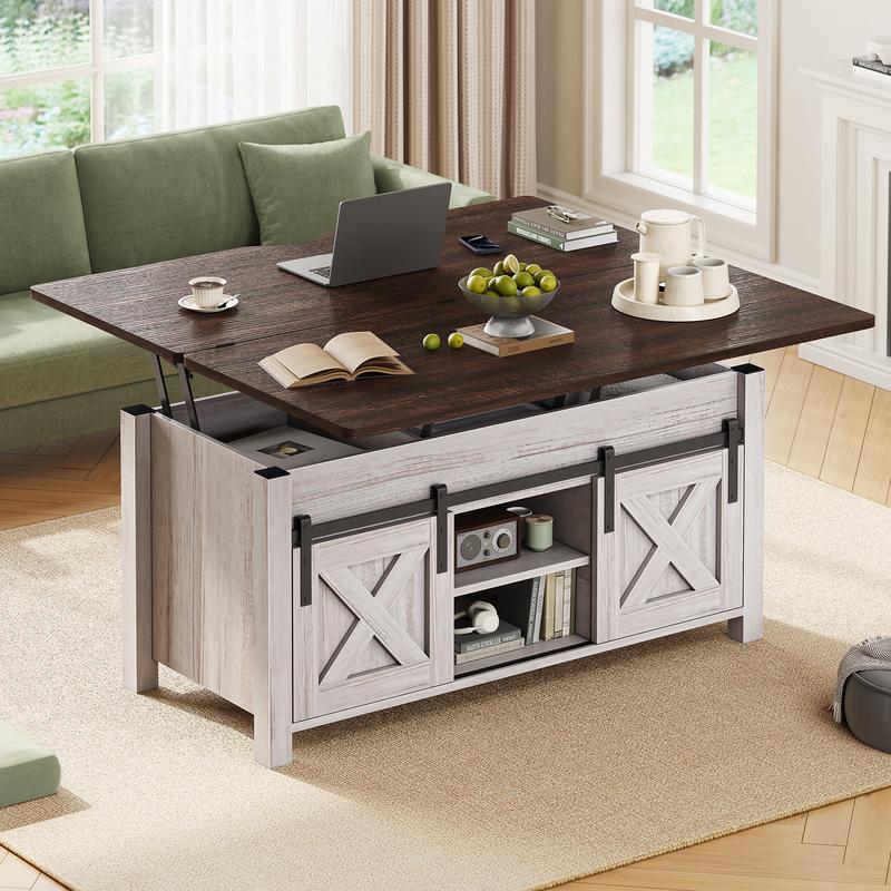 Mesa de centro Sedeta 4 en 1 multifuncional con tapa elevable - Muebles de sala de estar de estilo rústico en roble envejecido, mesa de comedor convertible con diseño plegable, puertas corredizas, almacenamiento y compartimento oculto, mesas de comedor co