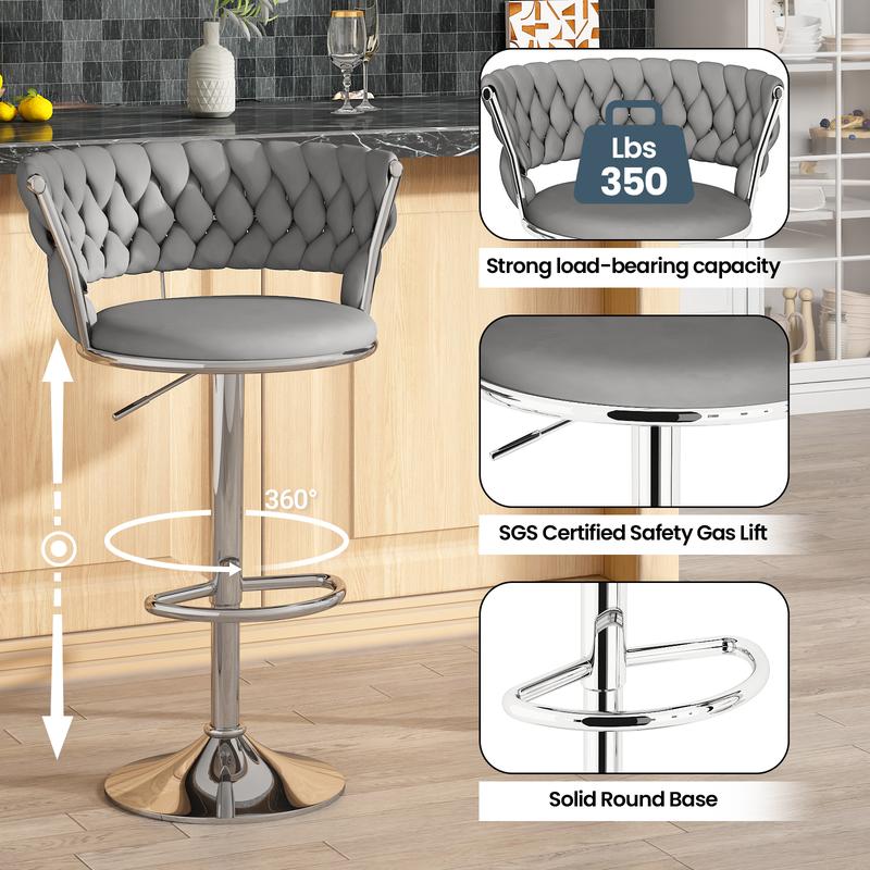 Juego de 2 taburetes de bar de terciopelo, sillas de bar minimalistas con altura ajustable, sillas tapizadas para isla de cocina, beige, negro, gris summergarden