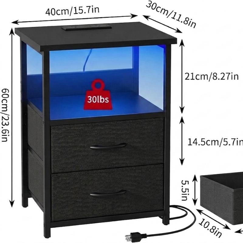 【Summergarden】Mesita de noche con estación de carga, mesita de noche LED con puertos y tomas USB, 2 cajones de almacenamiento de tela con acabado de PU, mesita de noche pequeña, negra